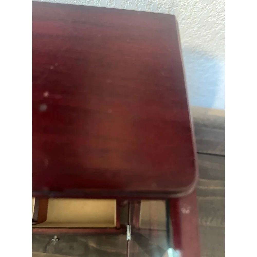 Vintage Wooden Jewelry Armoire Cherry Finish Glass Doors Necklace Carousel Box
